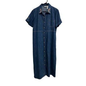 Vintage White Stag Denim Button-Down Dress Floral Embroidered Collar Size Large